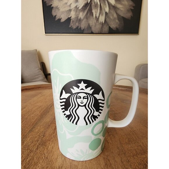2015 Starbucks White Green Mint Hibiscus Flowers Coffee Cup Tea Mug | 16oz - Picture 1 of 4
